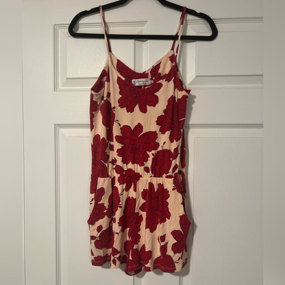 Fighting Eel Romper Hawaiian Flower Floral‎ Red Beige Luau Magnolia Peony XS